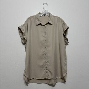 Quince Beige Vintage Wash Tencel Camp Shirt Short Sleeve Button Up Womens Size L